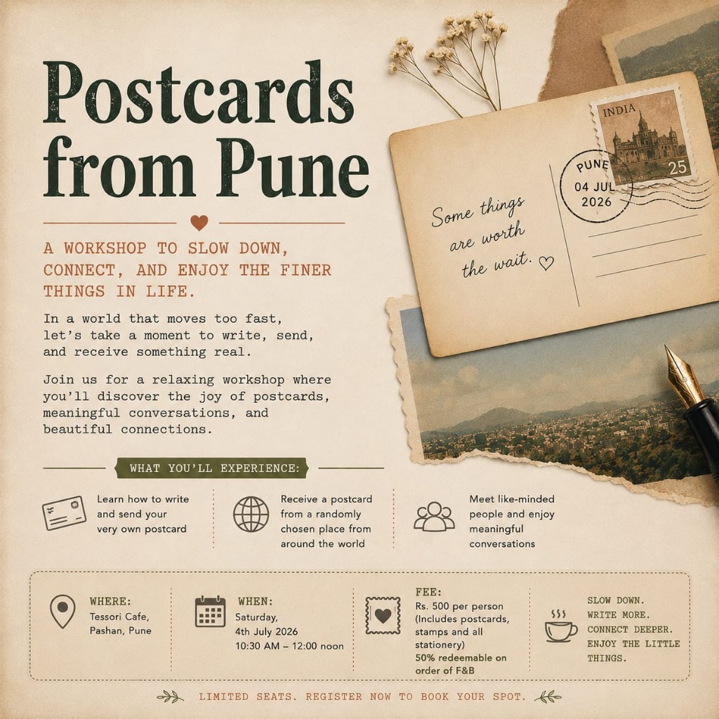 Postcards from Pune workshop poster at Tessori Cafe